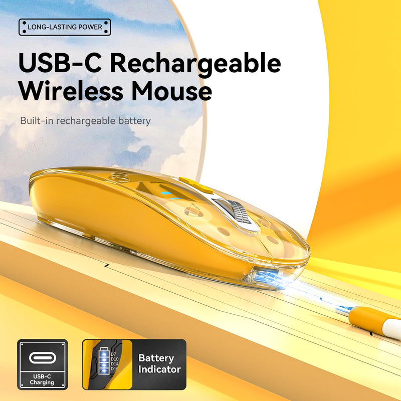 Uiosmuph G21 Bluetooth Mouse Wireless, Tri-Mode (BT5.1/5.1+USB), USB C Rechargeable, Quiet Click, Transparent Cover, Battery Level Visible, for Laptop/Mac/iPad - Yellow