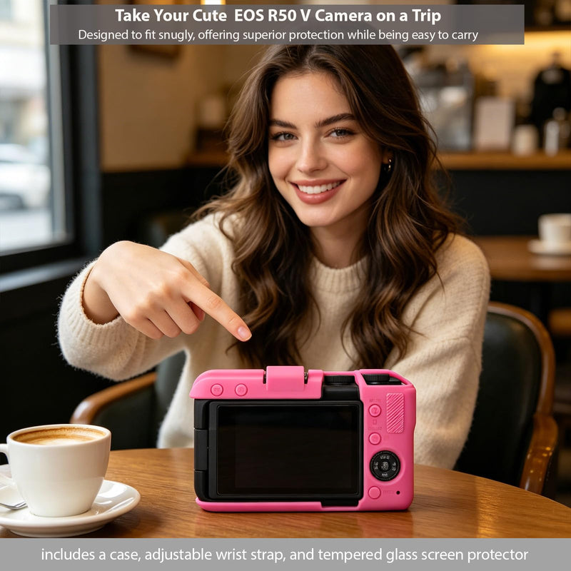 Case for Canon EOS R50 V Body Camera, Skin, Anti-Scratch, Soft Silicone Rubber Sleeve Protective Case Cover with Screen Protector, Wrist Strap Accessories for R50V - Rose Red