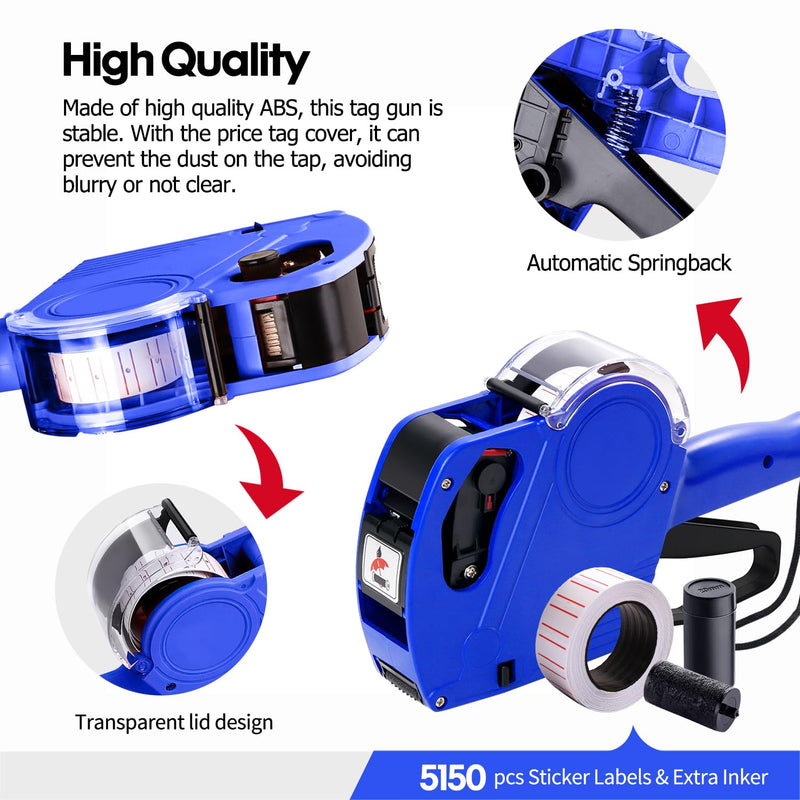 KPX MX5500 Pricing Tag Gun with 5150 pcs White Label Gun Stickers & 3 Extra Inker Rollers, Pricing Label Gun, 8 Digits Retail Pricing Gun and Labels for Grocery Store, Food (Blue) Blue