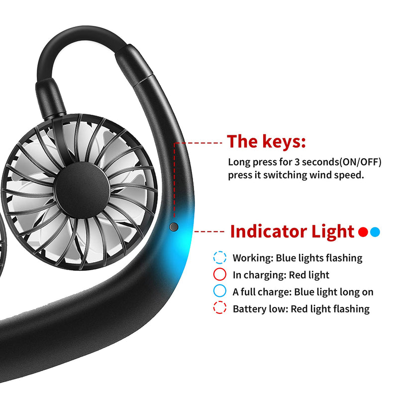 Portable Neck Fan Rechargeable Personal Hand-Free Fan Mini USB Wearable Neckband Sport Fan, 3 Speed Adjustable, 360 Degrees Free Rotation Perfect for Working, Traveling, Office, Reading (Full Black) Full Black