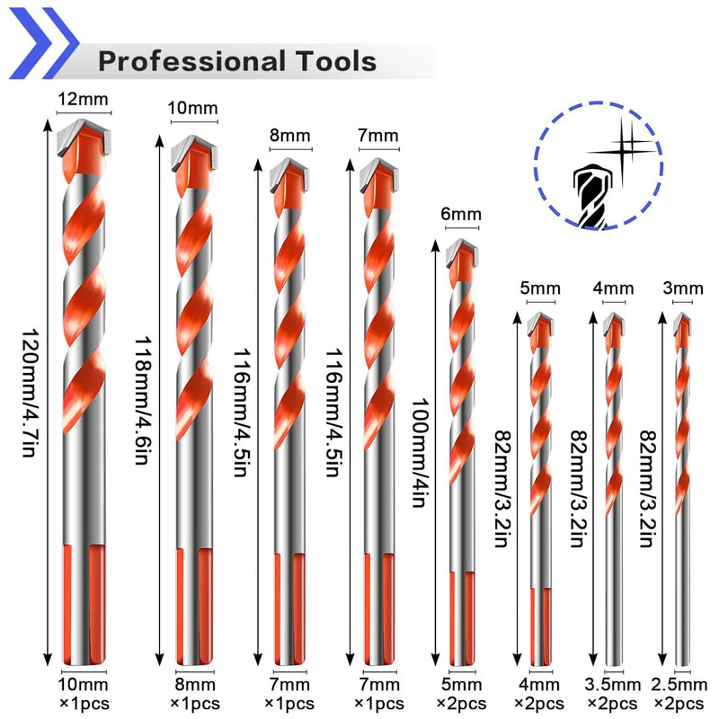 12 Piece Masonry Drill Bit Set for Concrete and Tile Industrial Grade Carbide Hammer Drill Bits 3mm-12mm No Slip Shank for DIY and Pro Projects 12