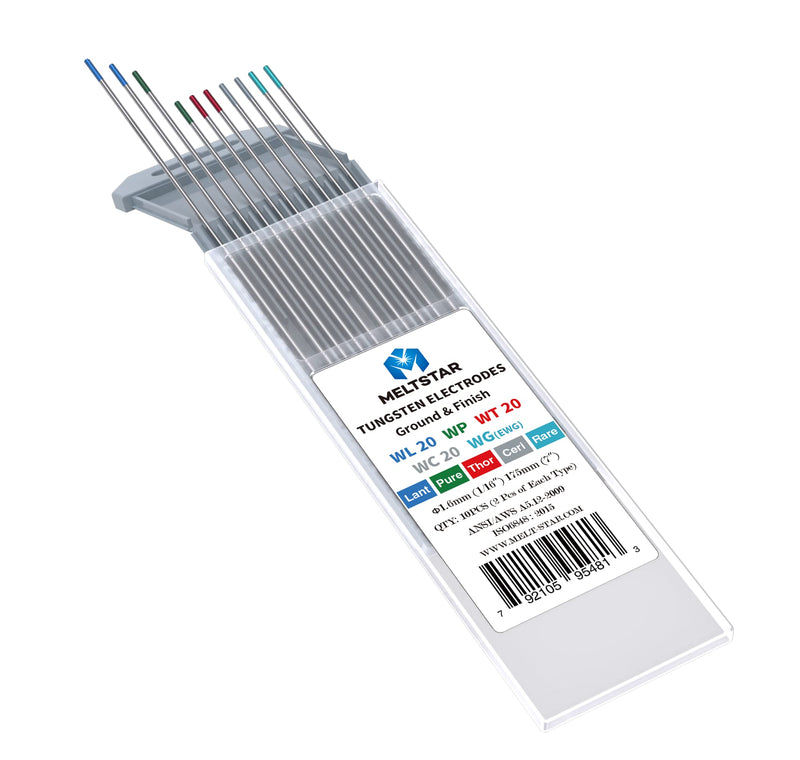 TIG Welding Tungsten Electrodes Mix Set, 5 Color Markings Red Green Blue Turquoise Grey, 1/16" x 7" 10 Pack 1/16” x 7” Multicolored