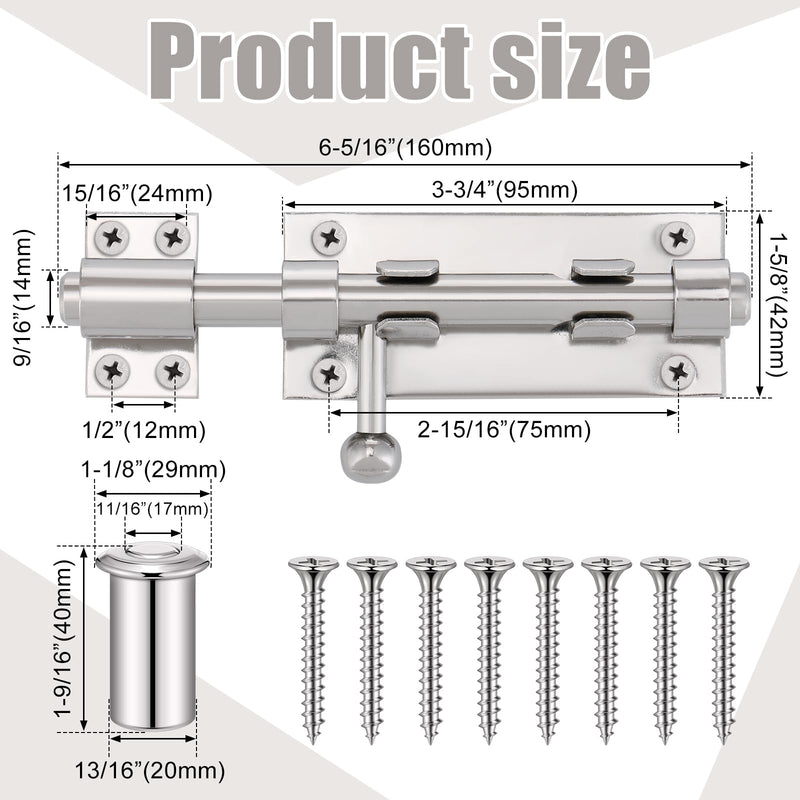 Tandefio 3 Pack 6.3 Inch Slide Bolt Gate Latch with Padlock Hole 304 Stainless Steel Barrel Bolt Latch Heavy Duty Door Security Lock Thickened Door Hardware for Barn Fence Shed Yard(Silver) Silver