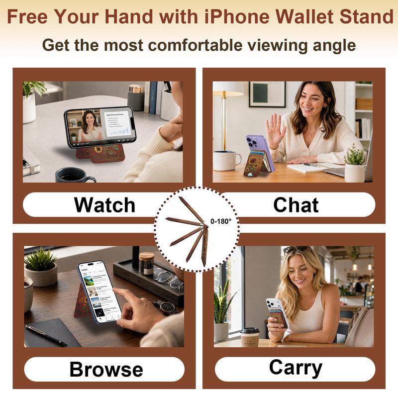 bolimoss Sunflowers Magnetic Wallet Stand,Leather Card Holder with 3 Card Slots & 2 Rings, Phone Wallet with Adjustable Stand for Phone Case,Magnetic Wallet for iPhone 17/16/15/14/13/12 Series(Brown) Fall Sunflowers