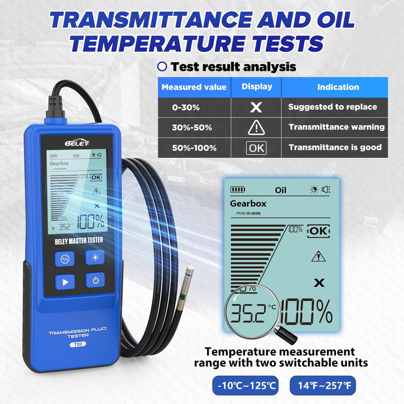 Transmission Fluid Tester Kit Gasoline & Diesel Gearbox Oil Diagnostic Tool High-Precision Diagnostic Analysis Tool with 31.5in Probe Transmittance/Temperature Testing, 2.8in Display (4 Batteries) Transmission Fluid Tester Kit -T20