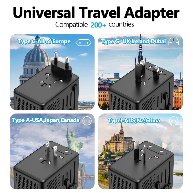 220V to 110V Voltage Converter US to Europe for Hair Dryer with Fast Charging 2 USB A 2 USB C, Power Converter Adapter Combo International Adapter A C G I (Black) Black