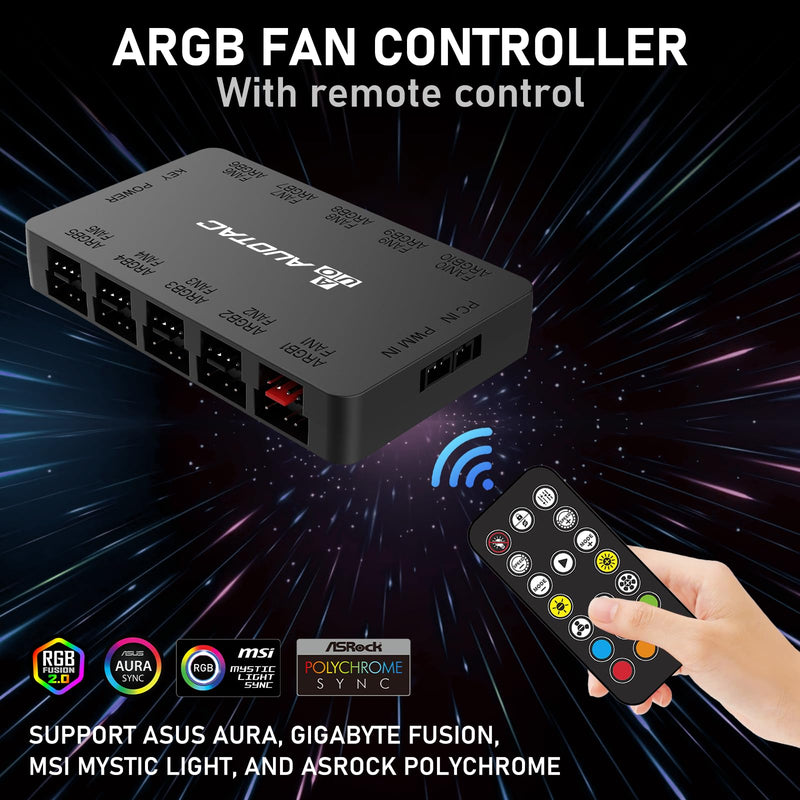 ARGB PWM Fan Hub with RF Remote Controller for PC Build, (Connect Ten Case Fans, 5V 3Pin ARGB & 12V 4Pin PWM Fan Connector, Stable Dual SATA Power Input, Magnetic Suction), Black