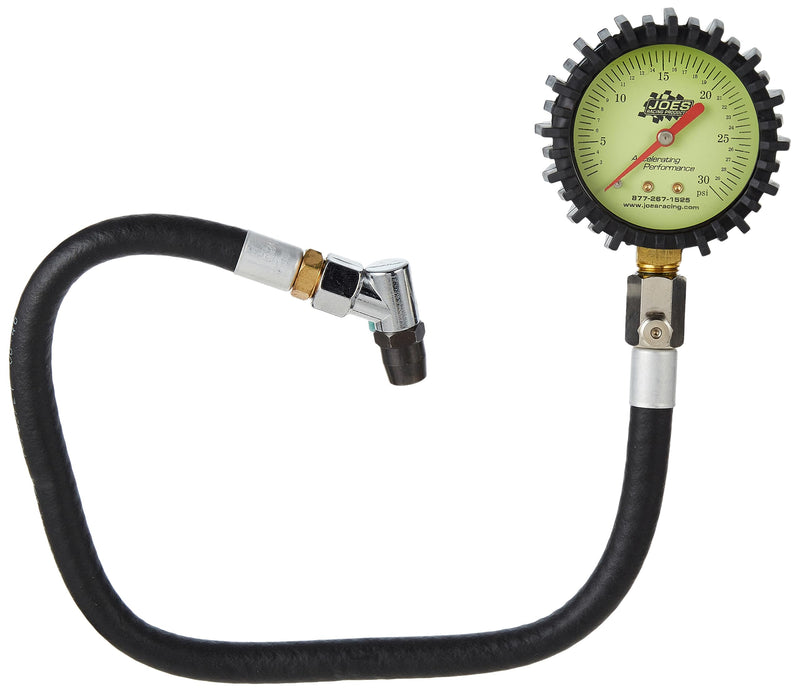 Joes Racing Products Tire Pressure Gauge, Glow in The Dark, 0-30 psi, Analog, 2-1/2 in Diameter, White Face, 1 lb Increments, Each