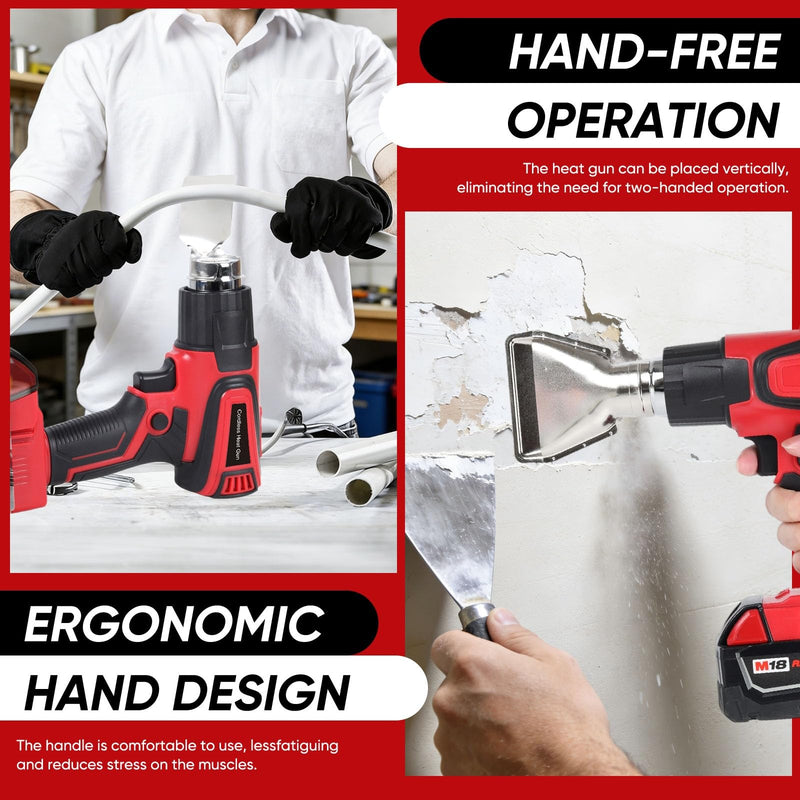 Cordless Heat Gun Compatible with Milwaukee M18 Battery, Fast Heating Variable Temp (122°F~1112°F) Hot Gun LCD Display and 4 Nozzle for Shrink Tubing, Resin, DIY(No Battery, Not Made by Milwaukee) Red Cordless Hot Gun