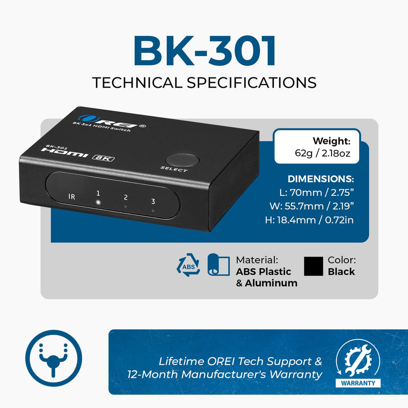 4K@120hz 3x1 HDMI Switch 8K by OREI - Remote Control HDMI Selector 48Gbps High Resolution Switch Between 3 Inputs Prefect for Gaming, PS5, Xbox, HDR10, Dolby Vision (BK-301)