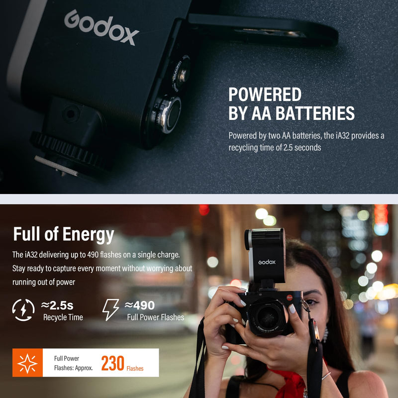 Godox iA32 Mini Flash Camera Iflash ia 32, Speedlite GN15 with 8 Power Levels 1/128-1/1 Compact Portable Auto and Manual Hot Shoe Flashes for Fuji, for Canon, for Nikon, for Sony (Godox iA32 Flash)