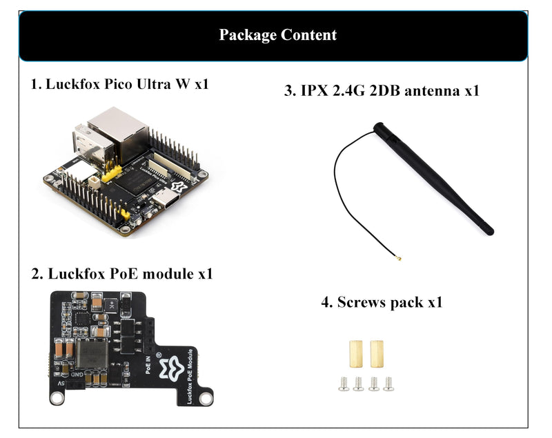 Luckfox Pico Ultra W PoE Kit RV1106G3 Linux Micro Development Board, Integrate ARM Cortex-A7/RISC-V MCU/NPU/ISP Processors, Input 5M @30fps (with Onboard WiFi, with 8GB EMMC, with POE Module)