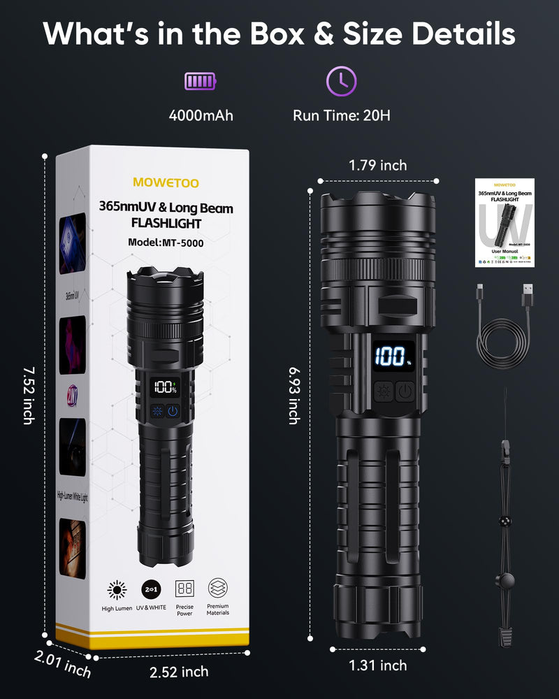 Flashlight Rechargeable with UV Light and White Light, 365NM Blacklight and High lumens White Light with LCD Display, Zoomable 6 Modes for Memory Function, for Pet Urine Detection, Camping, Emergency
