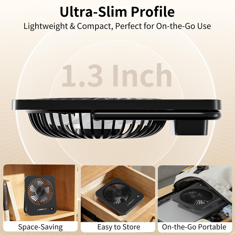 Lerat Portable Desk Fan, Small USB Rechargeable Fan with LED Display, 5-Speed Ultra-Quiet 180° Foldable Mini Fan for Summer Cruise Travel, Cooling Gifts for Women Girls Kids (Black) Black