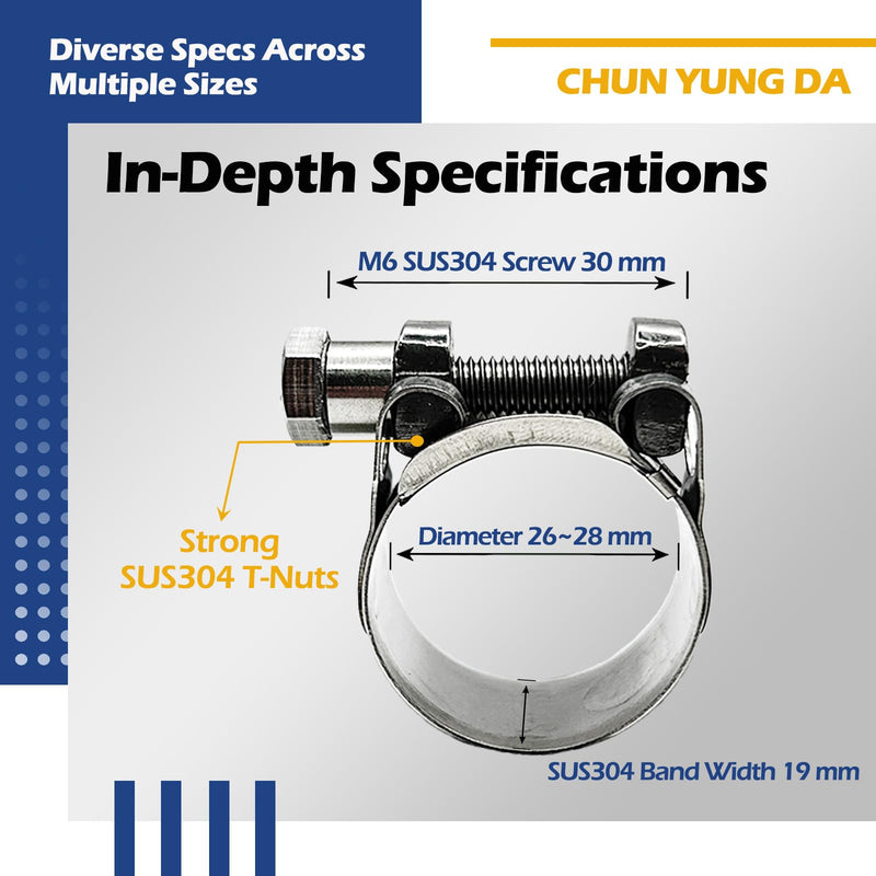 TT Heavy Duty Hose Clamps, 304 Stainless Steel T-Bolt Clamp, Adjustable Range 26-28 mm, Solid T-nuts and Wide Band for 1 inch Exhaust Clamp (1-1.1 inch, 4 pack) 26-28 mm (1-1.1 inch)