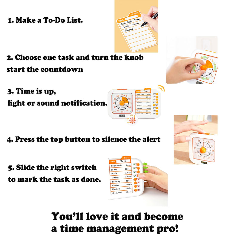 Task Timer, ADHD Timer for Kids, Students and Adults. with to-do List Card, Planning for Daily Chore, Schedules, School Classroom, Homework. Silent and Efficient Time Management Tool.