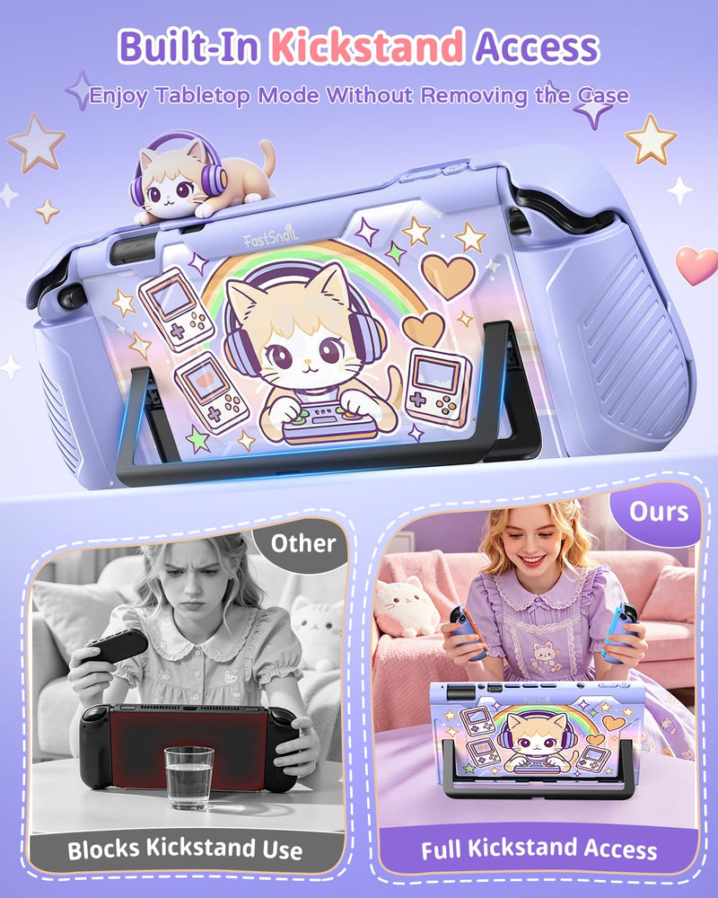 FASTSNAIL Protective Cute Case Cover for Nintendo Switch 2 with Cartoon Cat | TPU Switch 2 Dockable Case with Cat Pattern, Military Protection, Split Design, Ergonomic Grip, PC Front Cover, 12 Game Slots Purple Cartoon Cat Switch 2 Cover with Front Case