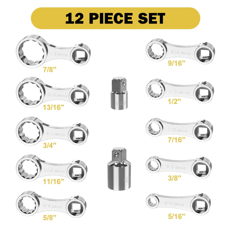 ANPUDS 12 Pcs SAE Torque Adapter Set, 5/16"-7/8", 3/8" 12-Point Extension | Cr-Mo Steel, 1/2''+1/4'' + Bit Adapter, Torque Wrench Adapter, for Engine Bay, Brake, Suspension, Motorcycle & Tight Access SAE 12Pcs