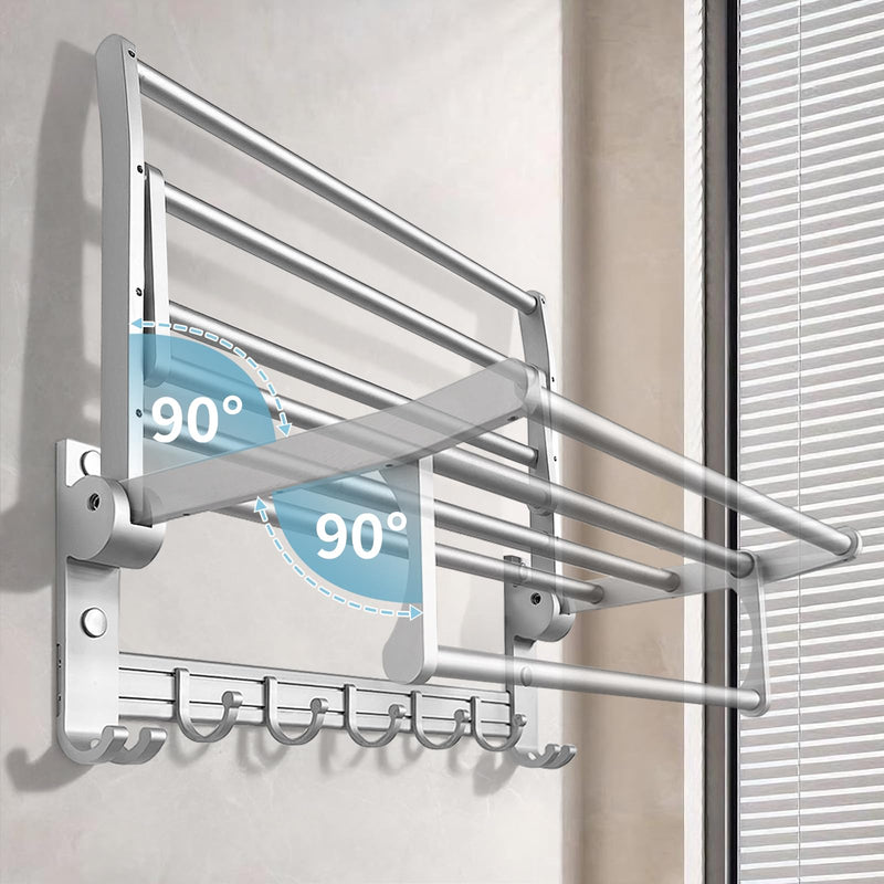 Jahof Fodable Towel Rack 24 inch, Wall Mounted Towel Bar with Hooks, Space Aluminum Towel Holder for Bathroom, Lavatory (60cm, Silvery)