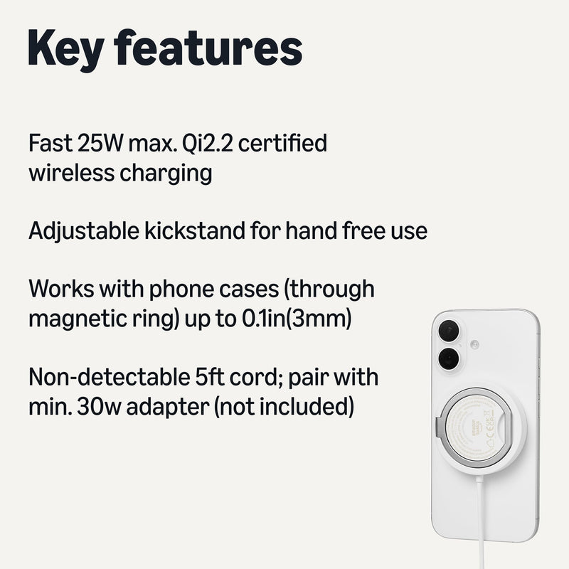 Amazon Basics 25W max. Qi2.2 Certified Wireless Charging Pad with kickstand,MagSafe Compatible for iPhone 17/Air/16/15/14/13/12, Magnetic Compatible for Android Smartphones,White(Adapter Not Included) White