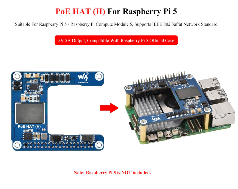 Pi 5 PoE HAT Compatible with Raspberry Pi 5 / Compute Module 5, Isolated Switched-Mode Power Supply,Power Over Ethernet HAT Offer Network Connection and Power Supply to Pi 5/CM 5 in One Cable, 5V 5A