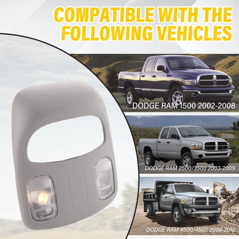 Overhead Console Roof Dome Light Interior Gray Map Reading Light Lamp Assembly, Compatible with 2002-2010 Dodge Ram 1500 2500 3500 4500 5500 Overhead Console Replace# 1DK78BD1AA 1DK78TL2AA Gray-Halogen Lamp Assembly
