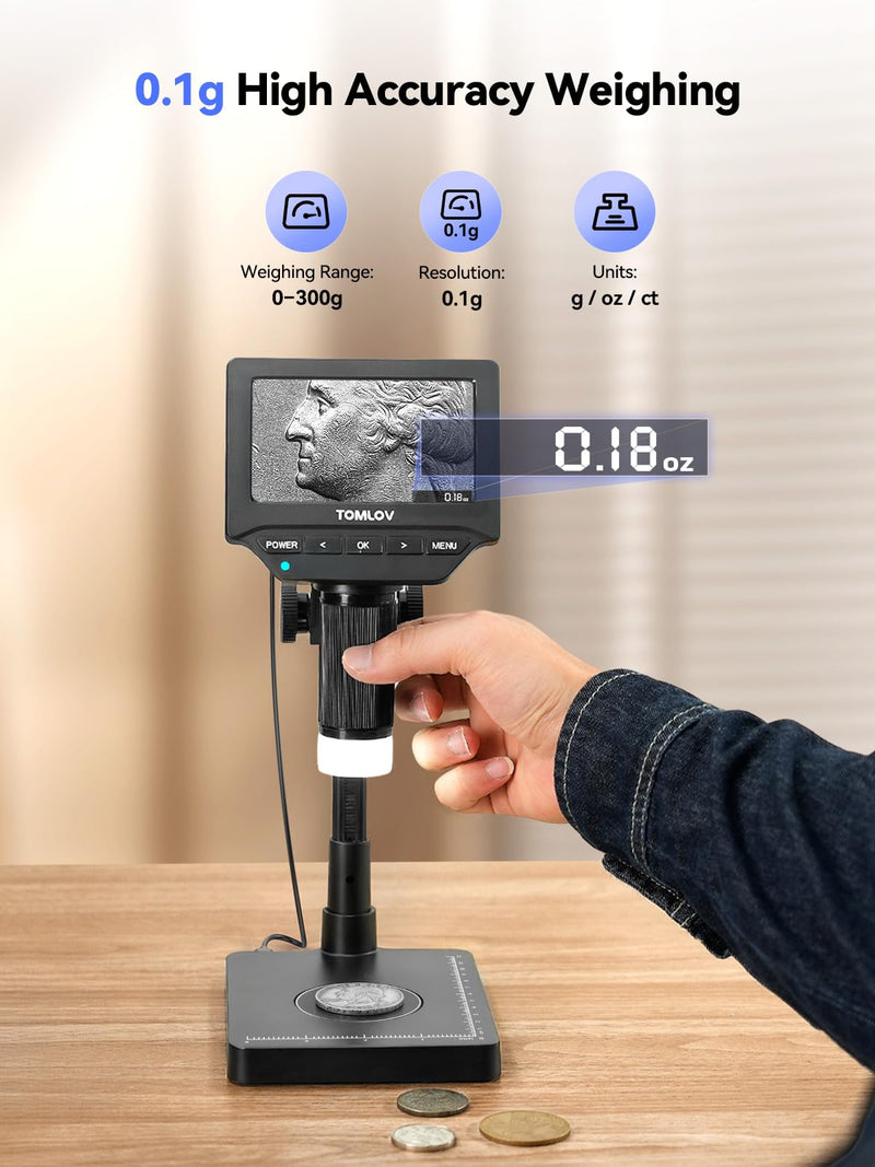 TOMLOV DM4W Microscope with Weighing Scale: 4.3" Digital Coin Microscope with Screen, Error Coin Magnifier with Lights, Weight Scale for Collectors, Jeweler, Students, Compatible with Windows/Mac Digital Microscope with 4.3 Inch Screen