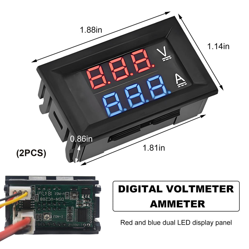 2 PCS 0.28" Digital Voltmeter Ammeter, DC 0-100V 10A 2 in 1 Volt Amp Meter with Connect Wires, Red & Blue Dual LED Display Panel Current Tester Voltage Gauge for EV Car Boat