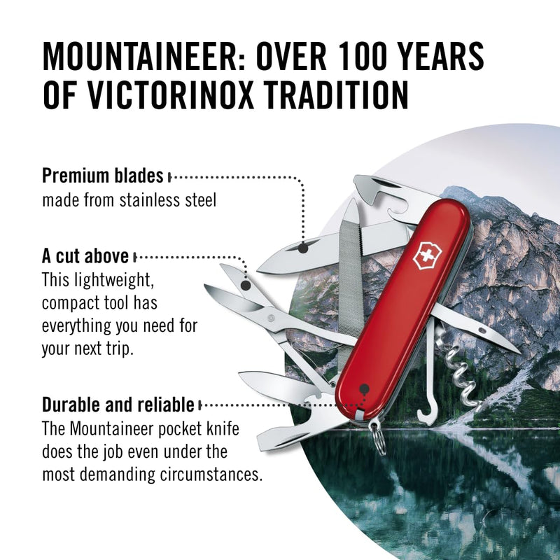 Victorinox Mountaineer Swiss Army Knife, 18 Function Pocket Knife,Red | light and compact tool Includes scissors and a nail file with metal saw