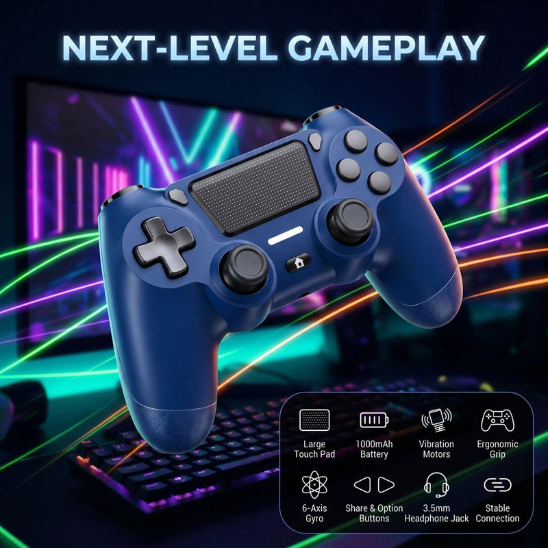 BJXOZ Wireless Controller for PS4 Controller, Gamepad with USB-C Port | Dual Vibration, Six-axis Gyroscope Sensor, 1000mAh, Speaker, 3.5mm Audio Jack, Touchpad, Compatible with PS4/Slim/Pro/PC Blue