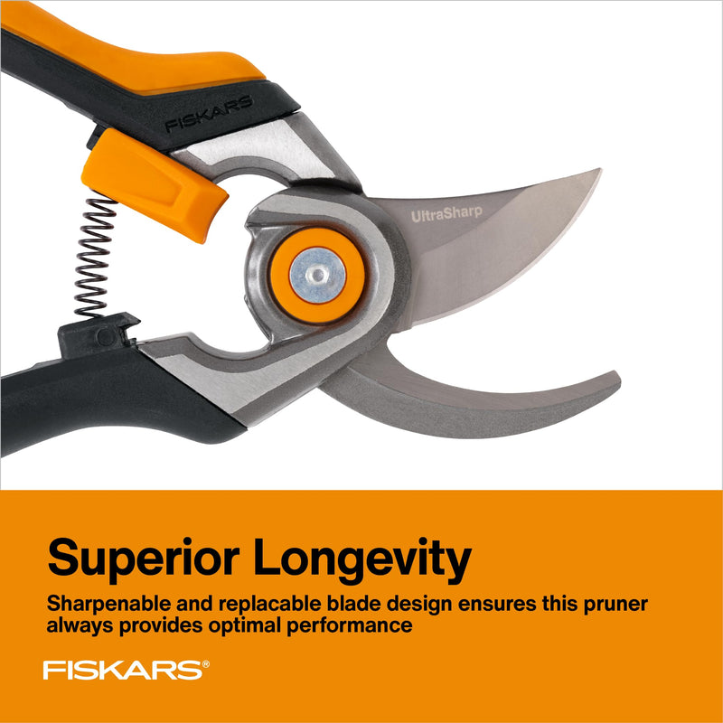 Fiskars Bypass Pruning Shears, 1" Cut Capacity Gardening Scissors, Forged Steel Replaceable Blade, SoftGrip Handle Garden Clippers, Rust Resistant Low Friction Coating for Branches & Stems Forged Pruner