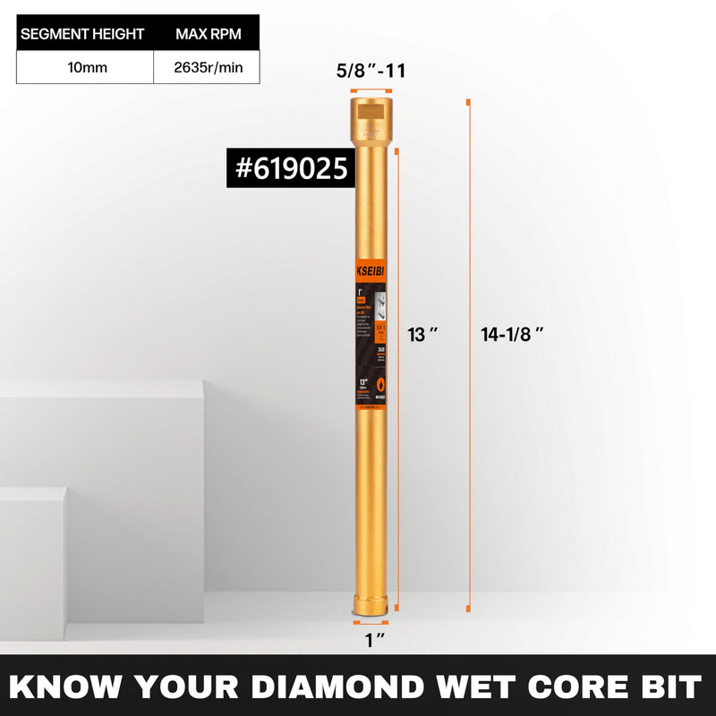 KSEIBI 619025 Wet Concrete Core Drill Bit, 1-Inch Diameter for Drilling Concrete, Marble, Granite, Brick, and Hard Masonry 13-Inch Drilling Depth, 5/8"-11 Arbor, 10mm Segment Height Diamond Hole Saw 1" (25MM) Wet Core Bit