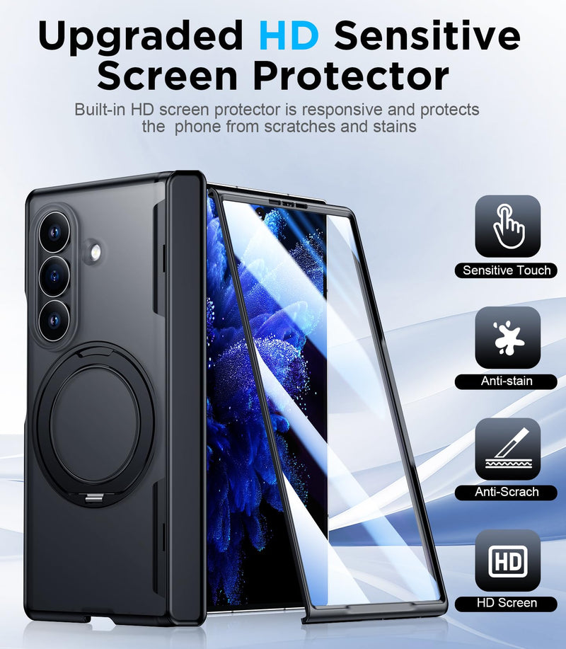 for Samsung Galaxy Z Fold 8 Ultra Case,[360°Rotatable Magnetic O-Ring Stand & HD Screen Protector][Compatible with MagSafe] Translucent Matte Shockproof Phone Case for Z Fold 8 Ultra,Black Black for Samsung Galaxy Z Fold 8 Ultra