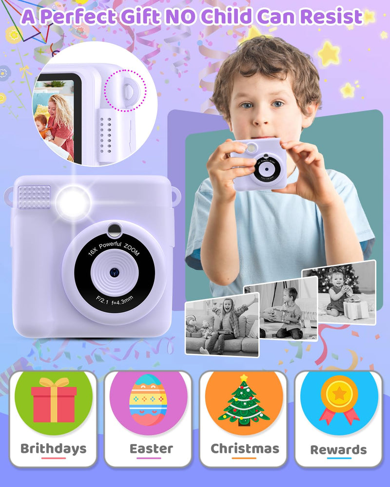 Instant Print Camera for Kids with 3 Rolls of Printer Paper, 1080P Toddler Digital Camera Toys for Age 3-12 with 32GB SD Card, Christmas & Birthday Gifts for 3 4 5 6 7 8 Year Old Girls & Boys (Purple) Purple