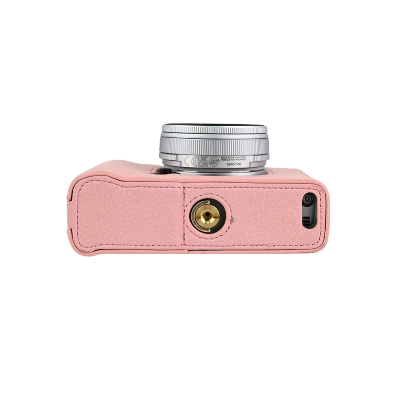 X-E5 Case, Handmade PU Leather Half Camera Case Bag Cover Bottom Opening Version for Fujifilm X-E5 XE5 With Neck Strap Lens Cover (Pink) Pink