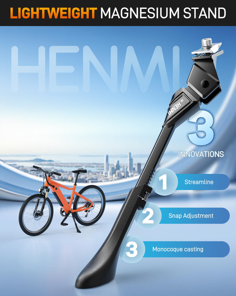 HENMI Center Mount Bike Kickstand for Adult Bikes, Adjustable Bicycle Kickstand for Most 24"-29", Non-Slip Sole, Magnesium alloy Material, Bicycle Kickstand for Mountain Bike Road Bike