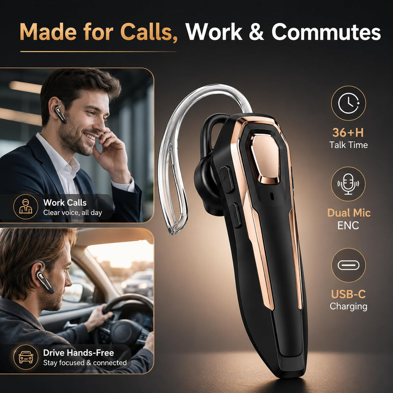 Gold Bluetooth Headset Single Ear Wireless Earpiece, 30H Talk Time, Dual MEMS Mics, Call Noise Reduction, Mute Button, USB-C, Voice Assistant, for Office Driving Cell Phones