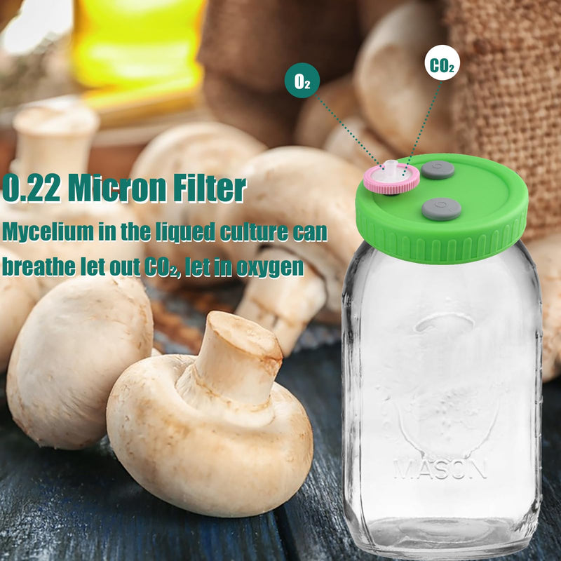 10 Pcs Mushroom Liquid Culture Lids for Wide Mouth Mason Jar with 0.22um PTFE Filter & Self-healing Rubber Stopper, Cultivation Mason Jar Cap for Mushroom Grow