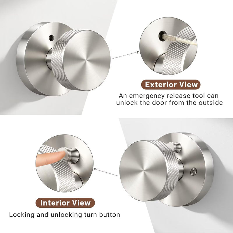 Knobonly 1 Pack Satin Nickel Door Knobs Interior, Privacy Door knobs with Lock, Round Door Knobs for Bedroom and Bathroom, Silver Door Handles Zinc Alloy