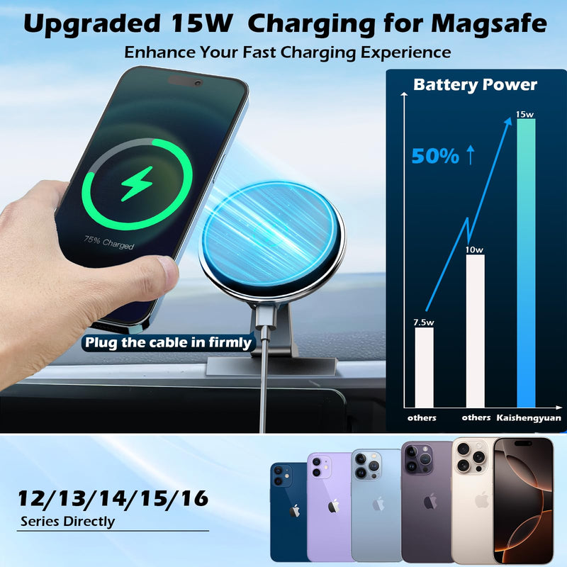 15W Wireless Charging Phone Mount Compatible with Toyota Tacoma 2016-2023 | 20x Strong Magnet | Aluminum Alloy Dashboard Mount | 3rd Gen | 360° Adjustable | Fast Charge | Fits All Smartphones Magnetic Charge