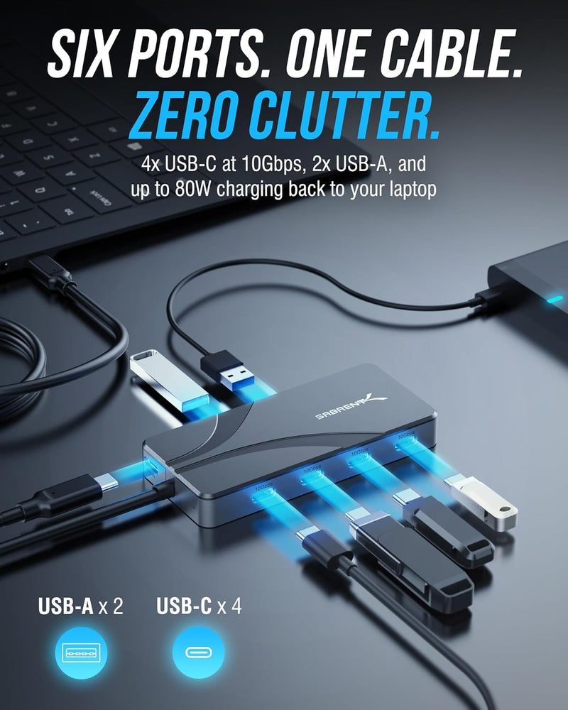 SABRENT OMNIPORT 6B USB-C Hub, 6-Port, 100W PD (HB-UC7C) | 4x 10Gbps USB-C + 2 USB-A; 100W PD; USB-C to USB-C data hub; MacBook, laptops, tablets