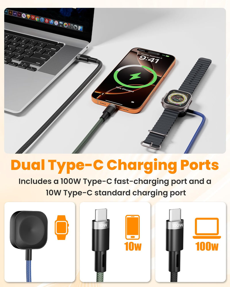 Multi Fast Charging Cable for Apple Watch - 100W Dual USB C Fast Charging Cable for iPhone 17/16/15/14/13/iWatch, 3 in 2 Portable Watch Charging Cord with 2 USB C and iWatch Charger Port, 6.5FT