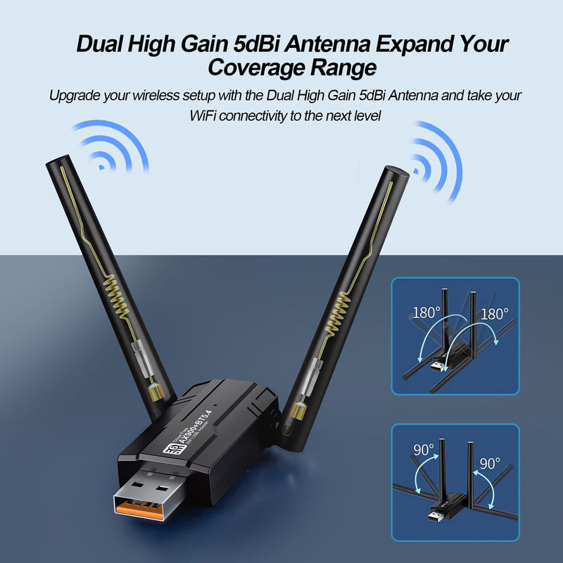 USB WiFi 6 Adapter Bluetooth 5.4, AX900M Dual Band 5/2.4Ghz,Wireless Network External Receiver for Laptop/PC/Desktop，with 5dBi Antenna Compatible with Windows 7/10/11,Black