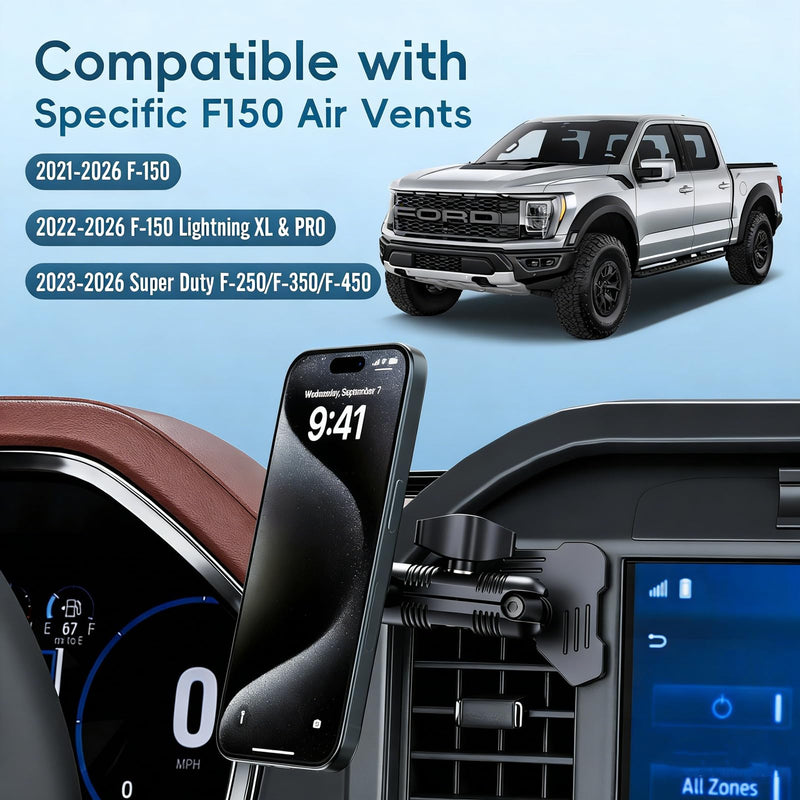 Car Vent Metal Magnetic Phone Mount Compatible with 2021-2026 Ford F-150 | 2022-2026 F-150 Lightning XL & PRO | 2023-2026 Ford Super Duty| 20 Magnets Non-Block Air Vent | 360° Rotation All Smartphones