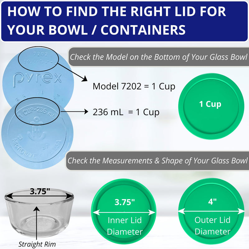 1, 2, 4 & 7 Cup Round & 3, 6, 11 Cup Rectangle Replacement Lids/Covers for Pyrex, Anchor Hocking & KlareWare Storage Bowls *Lids Only -Glass Container Not Included*, 14 Pack *2 of Each Size* Green, Orange, Blue, Red, Green, Blue, Red