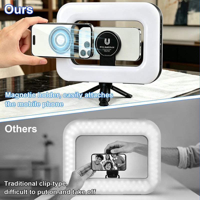 Rechargeable & Dimmable Selfie Light with Magnetic Stand, Mini Tripod | Built-in 3600mAh Battery, 3 Color Modes & 10 Dimming for Selfies, Live Streaming, Video Calls, and Vlogging