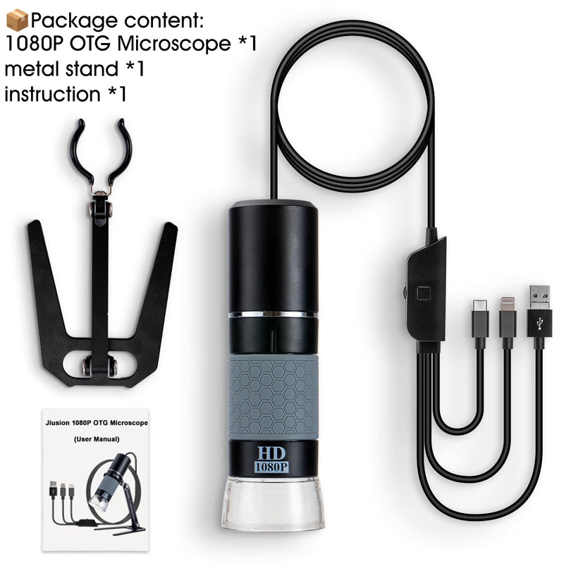 Jiusion 1080P USB Digital Handheld Microscope, 50 to 1000x Magnification Endoscope Full HD 1920x1080P Camera 8 LEDs with Metal Stand for iPhone iPad Android Mac Windows Linux Chrome Black/Grey