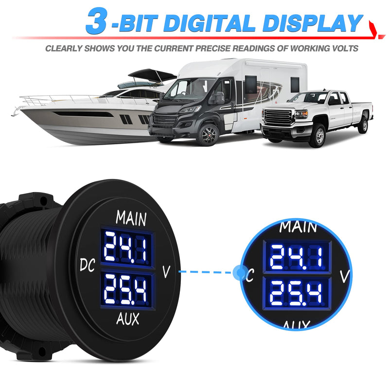 MICTUNING LED Digital Double Voltmeter, Round Panel Voltage Monitor Blue for Car Pickup RV Truck Dual Battery Pack