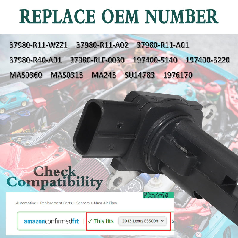 Mass Air Flow Meter MAF Sensor Fit for Honda 2008-2012 Accord 2.4L 2010-2018 CR-V 2.4L 2012-18 Civic 2012-2015 Crosstour Acura 2013-18 ILX 2017-18 NSX, 2009-2014 TSX, 37980R40A01, 37980R11A01