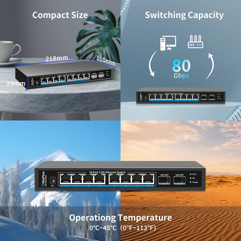 10 Port 2.5Gb Unmanaged Ethernet Switch with 8* 2.5G Base-T Ports, 2* 10G SFP+ Ports. GiGaPlus 2.5Gbps Network Switch for 2.5Gbps NAS/PC, WiFi6 Router, Wireless AP. Fanless Design, Plug and Play 10 port Unmanaged | 8X2.5G+2X10G SFP